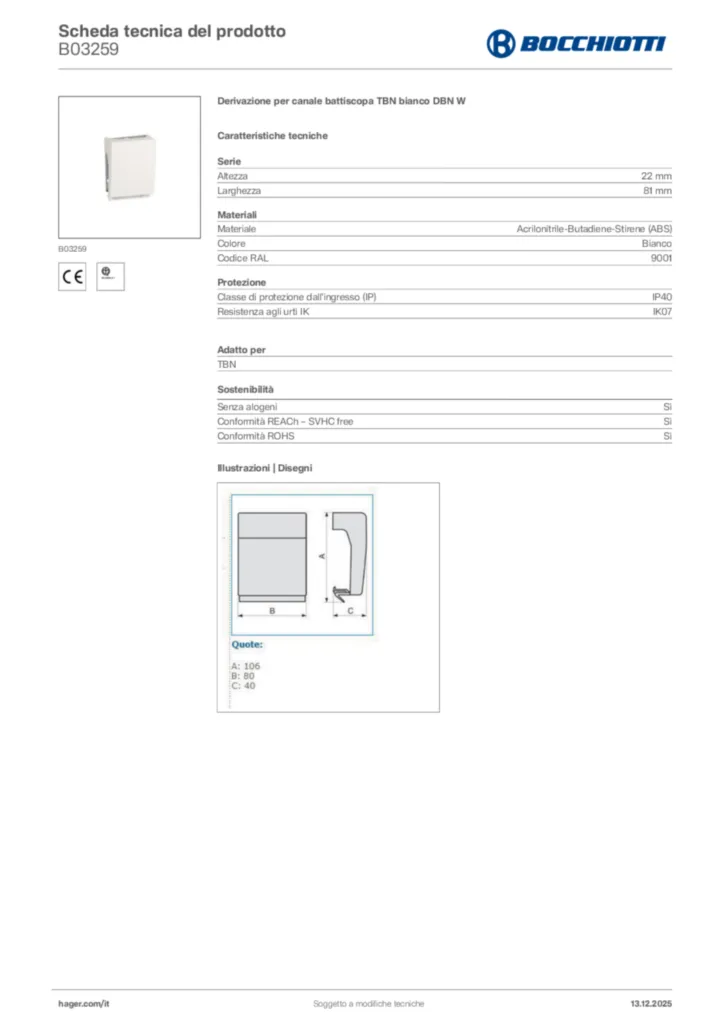 Immagine Bocchiotti Scheda tecnica del prodotto B03259 | Hager Italia