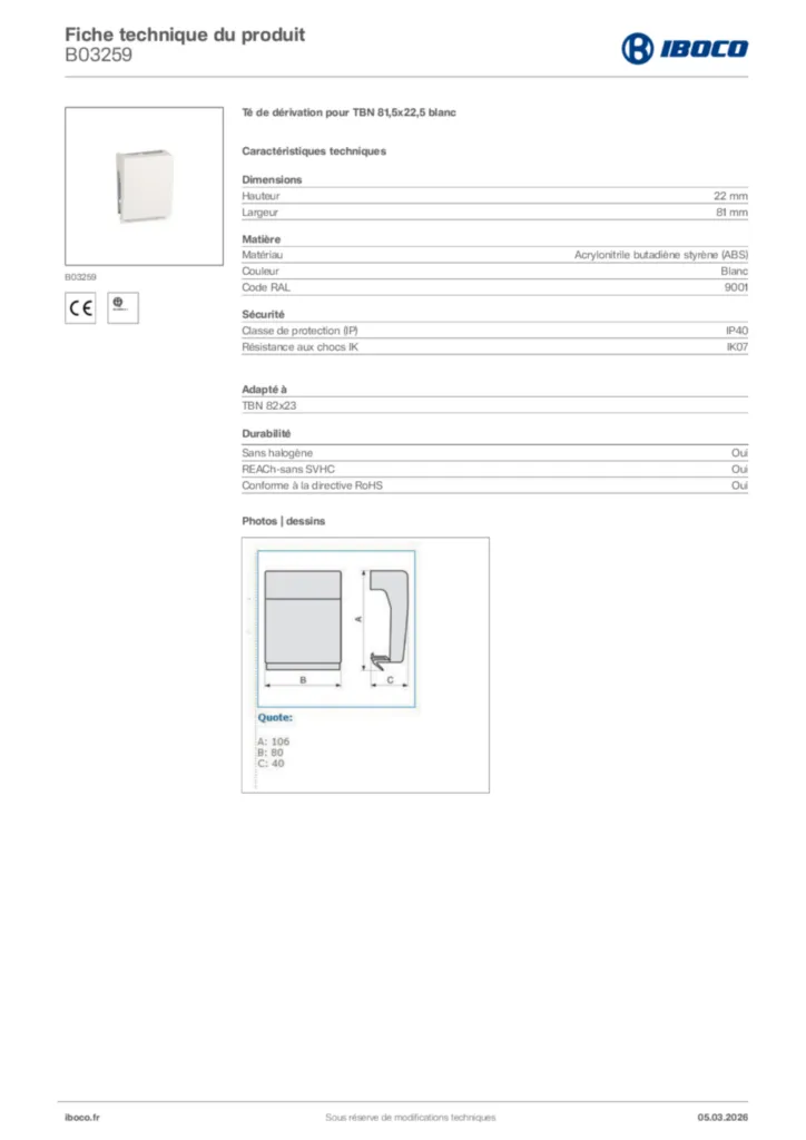 Image Iboco Fiche technique du produit B03259 | Hager France