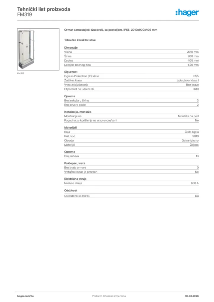 Slika Hager Tehnički list proizvoda FM319  | Hager