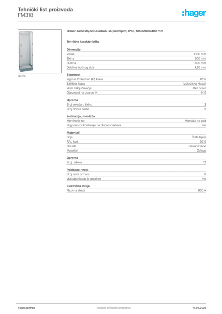 Slika Hager Product data sheet FM318  | Hager
