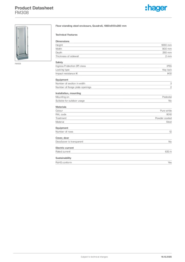 Image Hager Product data sheet FM308  | Hager Africa