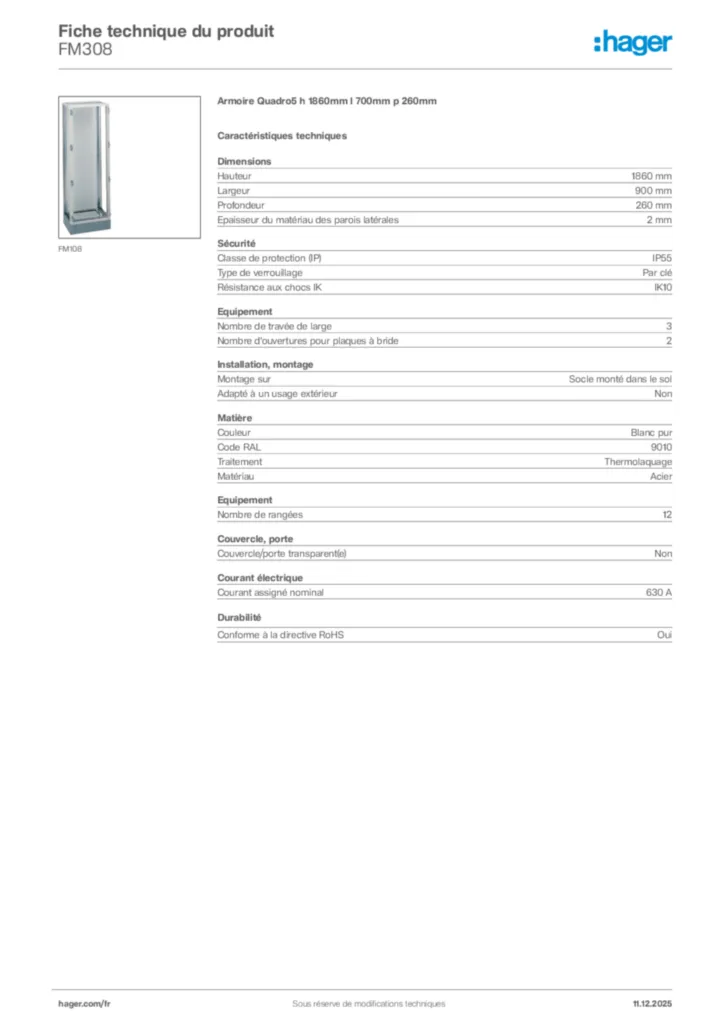 Image Hager Fiche technique du produit FM308 | Hager France