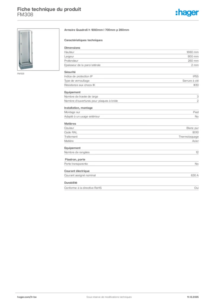 Image Hager Fiche technique du produit FM308 | Hager Belgique
