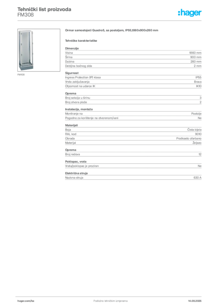 Slika Hager Product data sheet FM308  | Hager