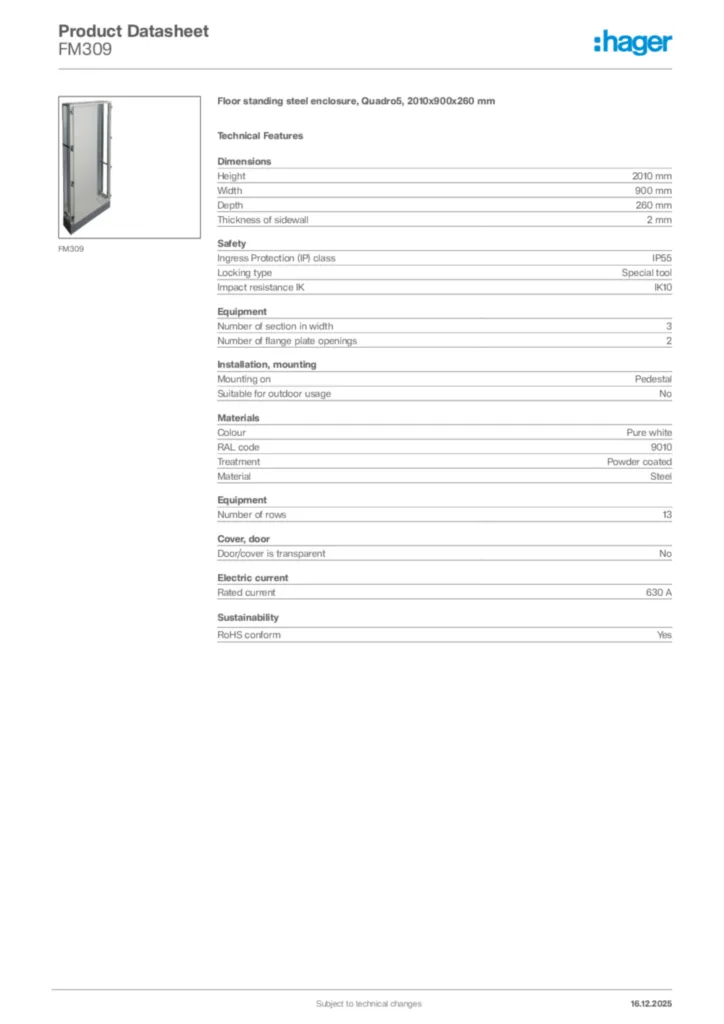 Image Hager Product data sheet FM309  | Hager Africa