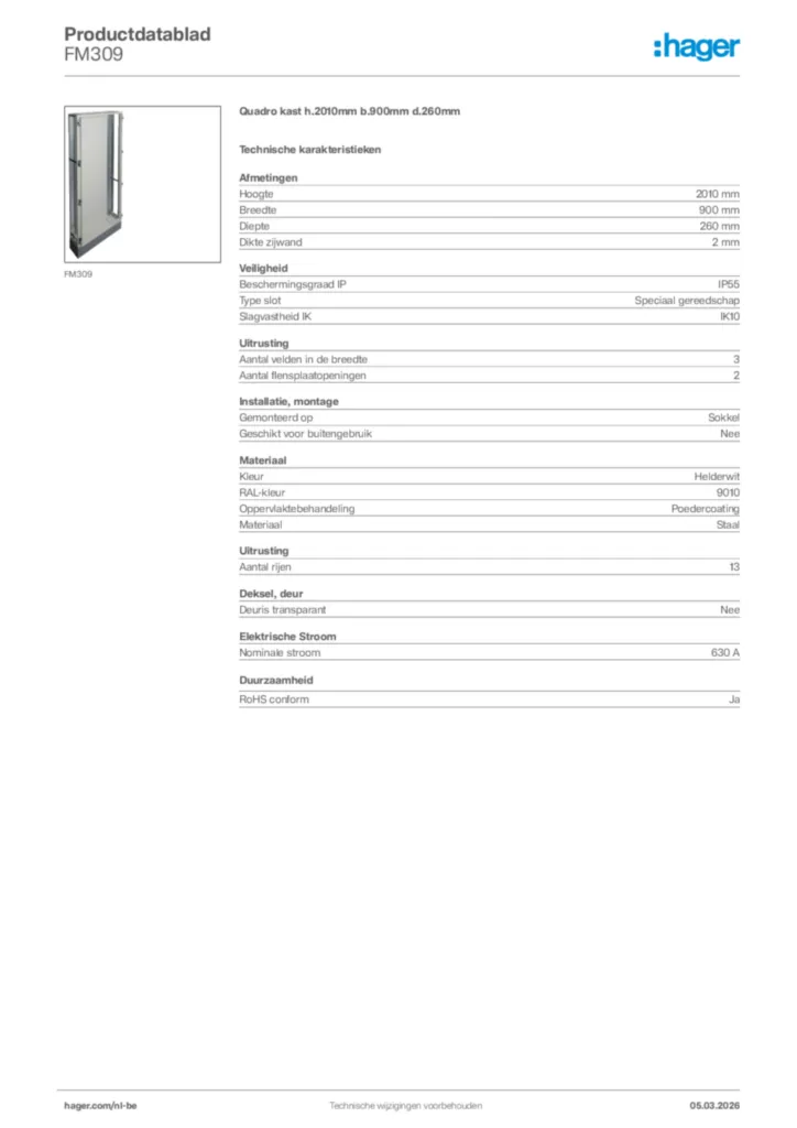 Afbeelding Hager Productdatablad FM309 | Hager Belgium