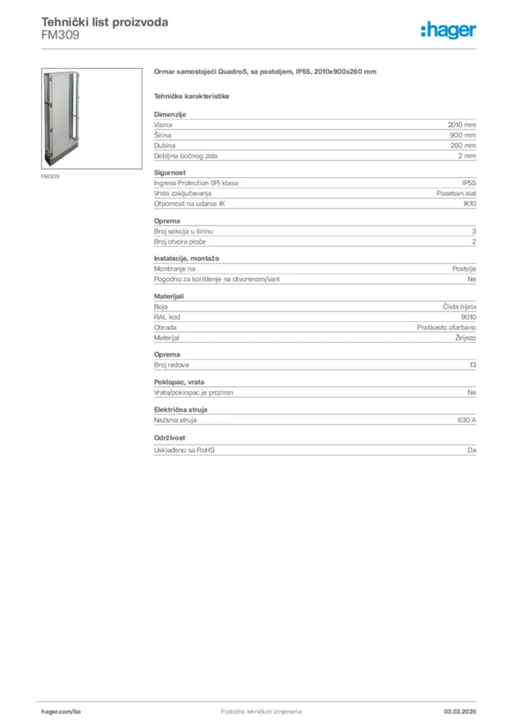 Slika Hager Tehnički list proizvoda FM309  | Hager