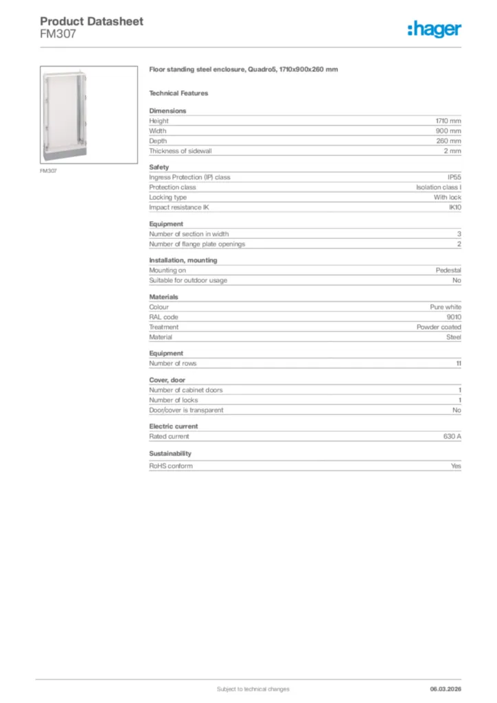 Image Hager Product data sheet FM307  | Hager Africa