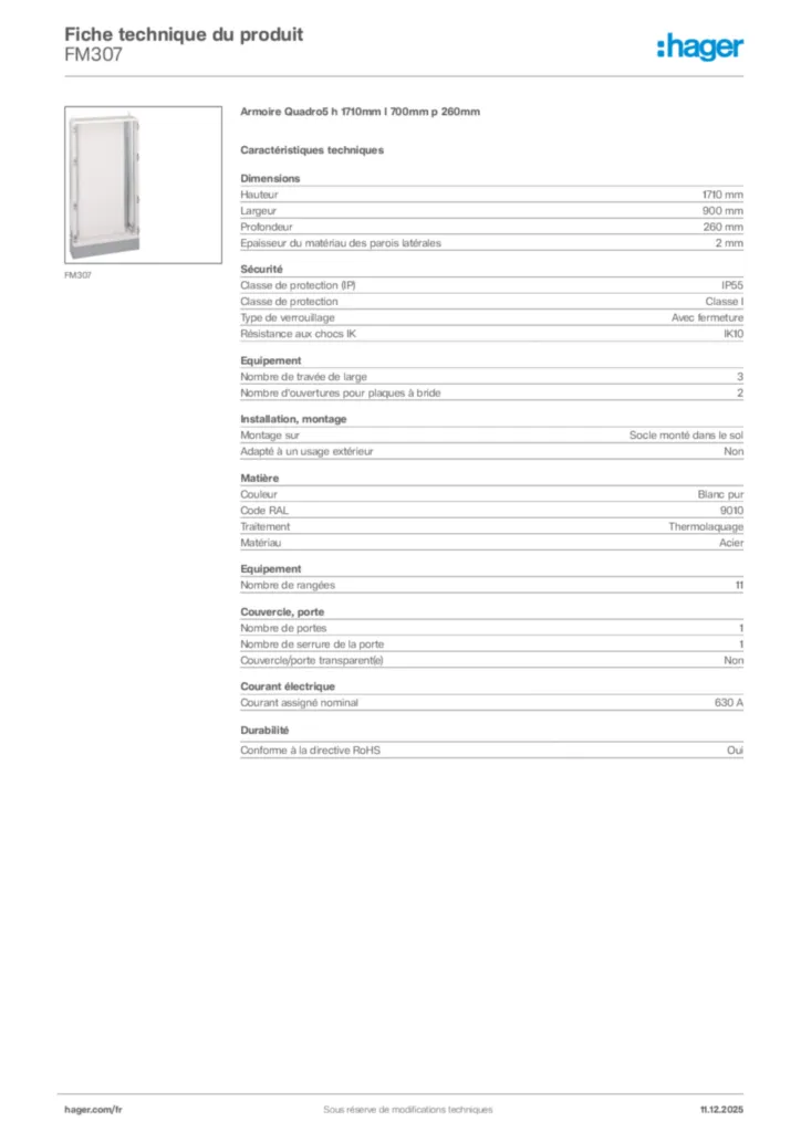 Image Hager Fiche technique du produit FM307 | Hager France