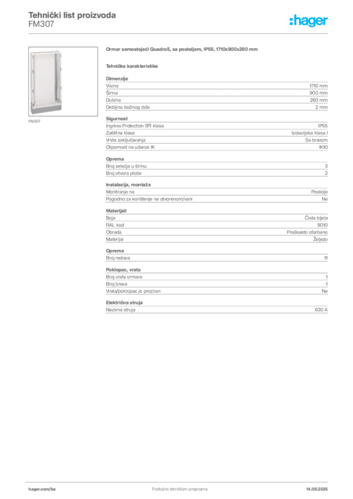 Slika Hager Product data sheet FM307  | Hager