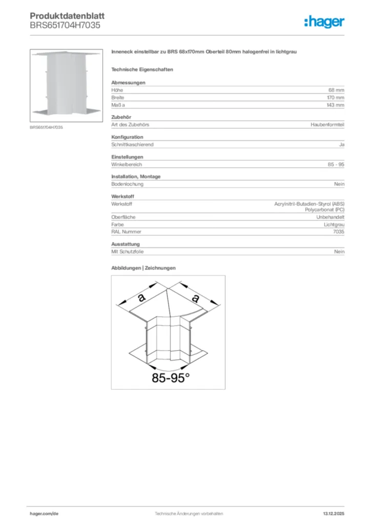 Bild Hager Produktdatenblatt BRS651704H7035 | Hager Deutschland