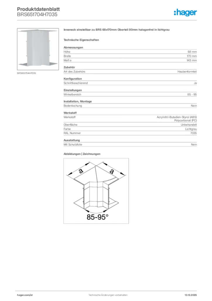 Bild Hager Produktdatenblatt BRS651704H7035 | Hager Deutschland