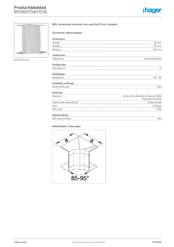 Afbeelding Hager Productdatablad BRS651704H7035 | Hager Nederland
