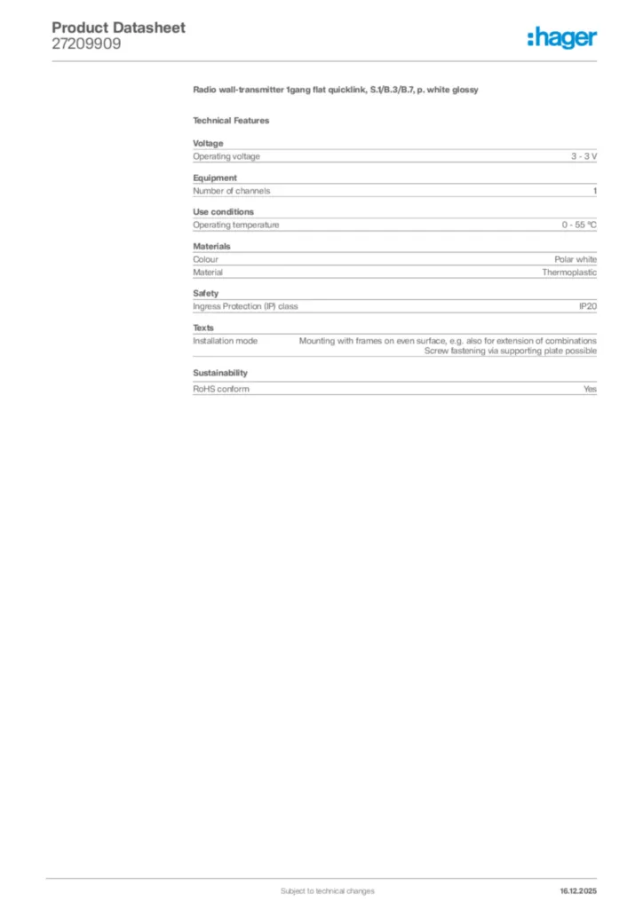 Image Hager Product data sheet 27209909  | Hager Africa