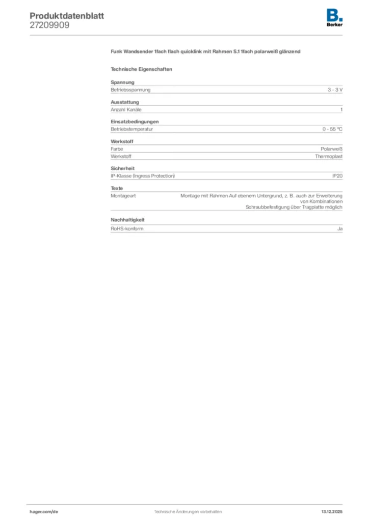 Bild Berker Produktdatenblatt 27209909 | Hager Deutschland