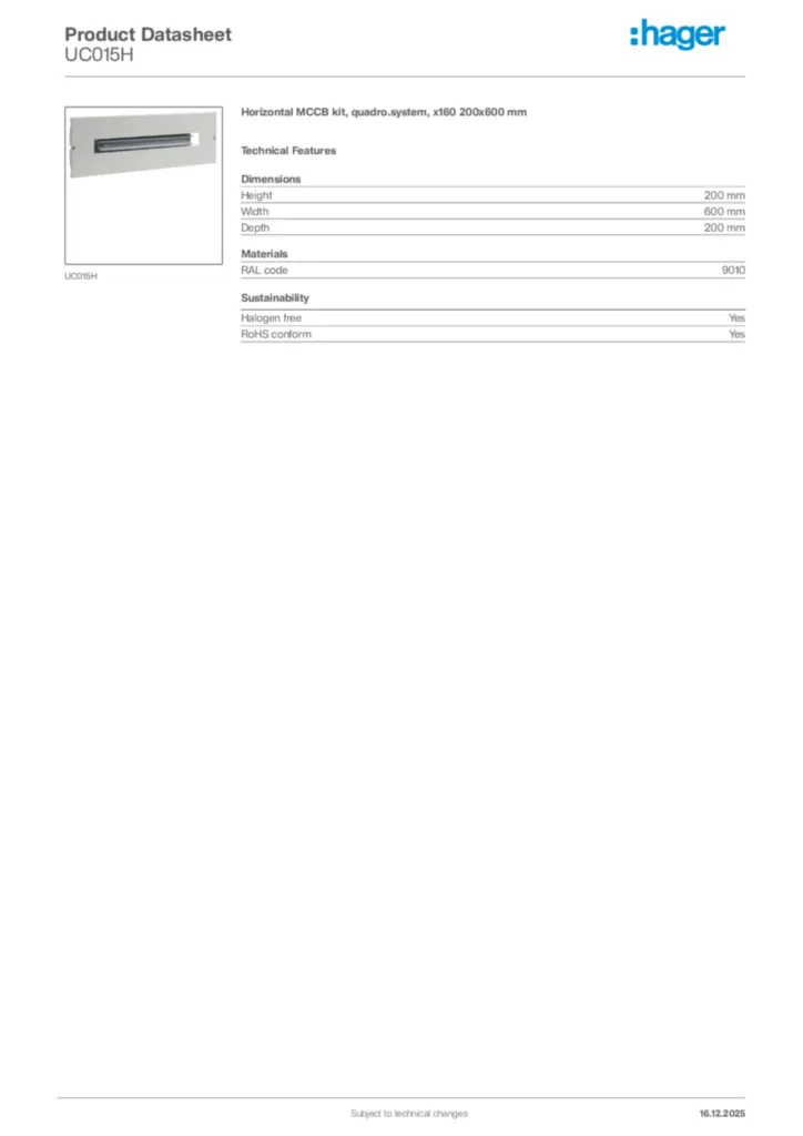 Image Hager Product data sheet UC015H  | Hager Africa