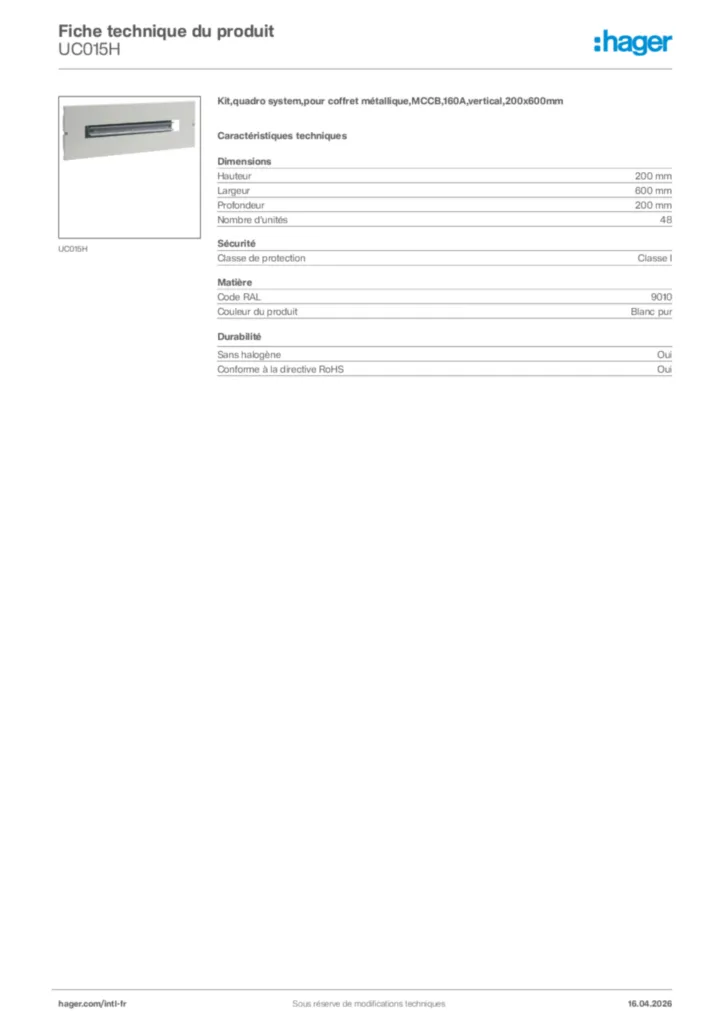 Image Hager Fiche technique du produit UC015H | Hager Afrique