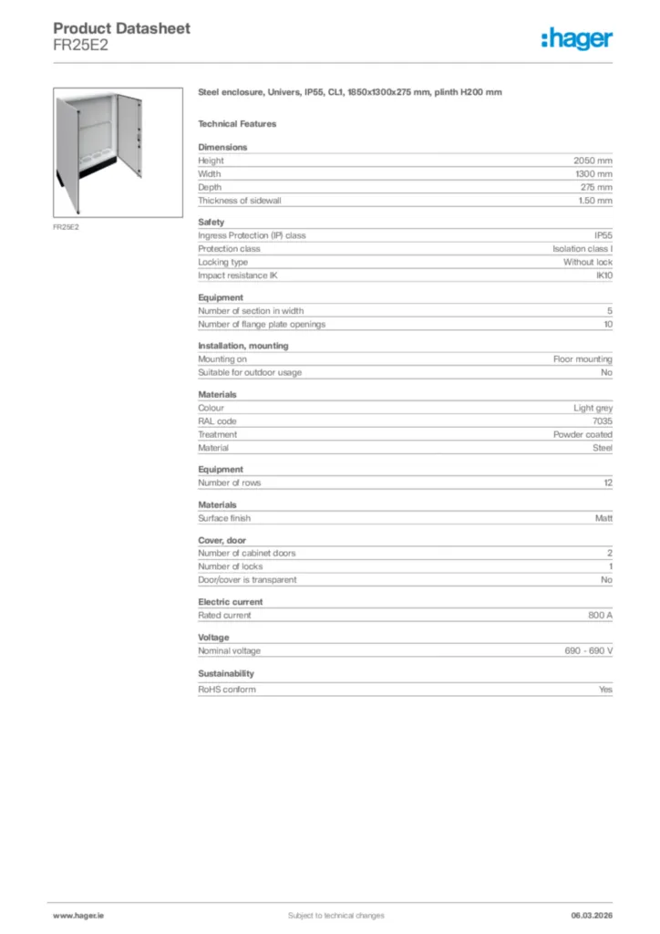 Image Hager Product data sheet FR25E2  | Hager