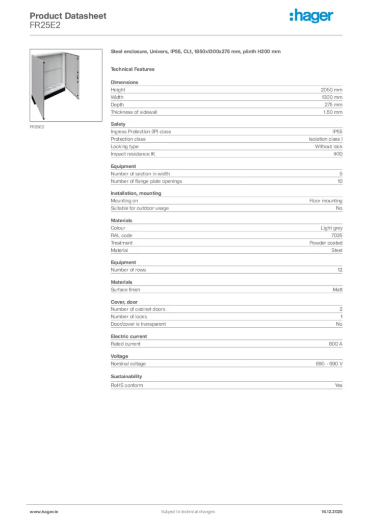 Image Hager Product data sheet FR25E2  | Hager