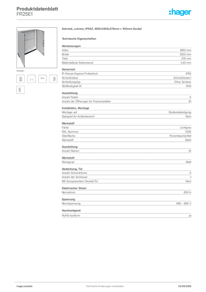 Hager Produktdatenblatt FR25E1