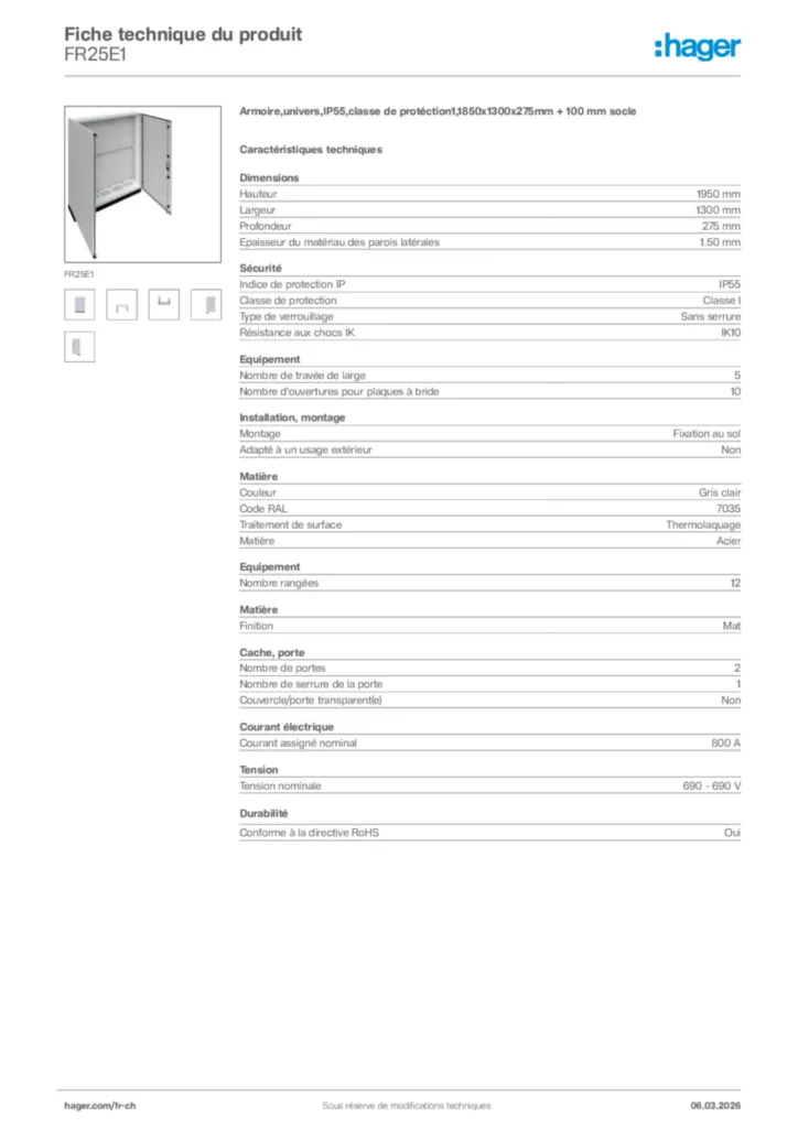 Image Hager Fiche technique du produit FR25E1 | Hager Suisse