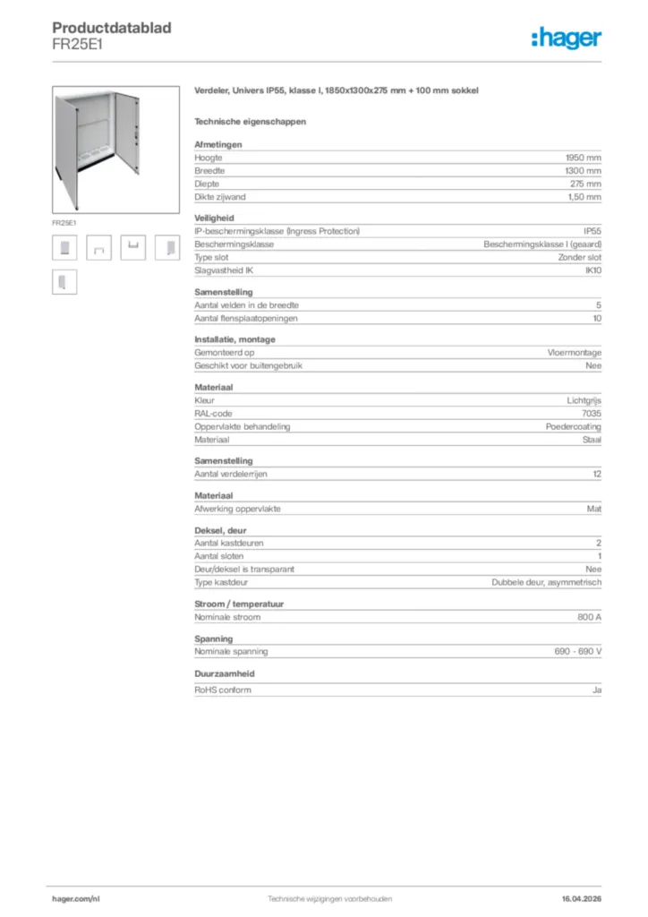 Afbeelding Hager Productdatablad FR25E1 | Hager Nederland