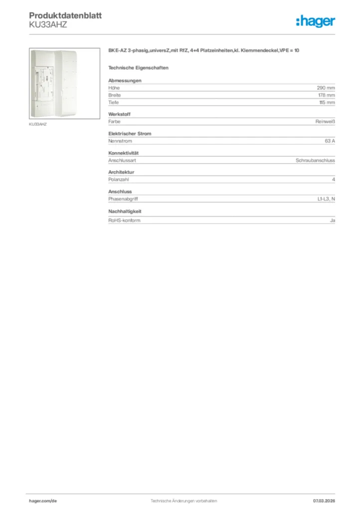 Bild Hager Produktdatenblatt KU33AHZ | Hager Deutschland