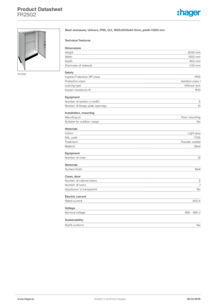 Image Hager Product data sheet FR25G2  | Hager
