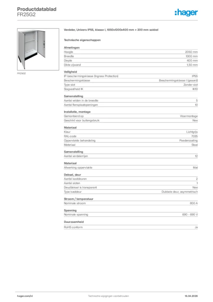 Afbeelding Hager Productdatablad FR25G2 | Hager Nederland