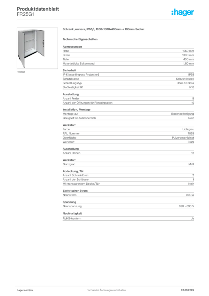Hager Produktdatenblatt FR25G1