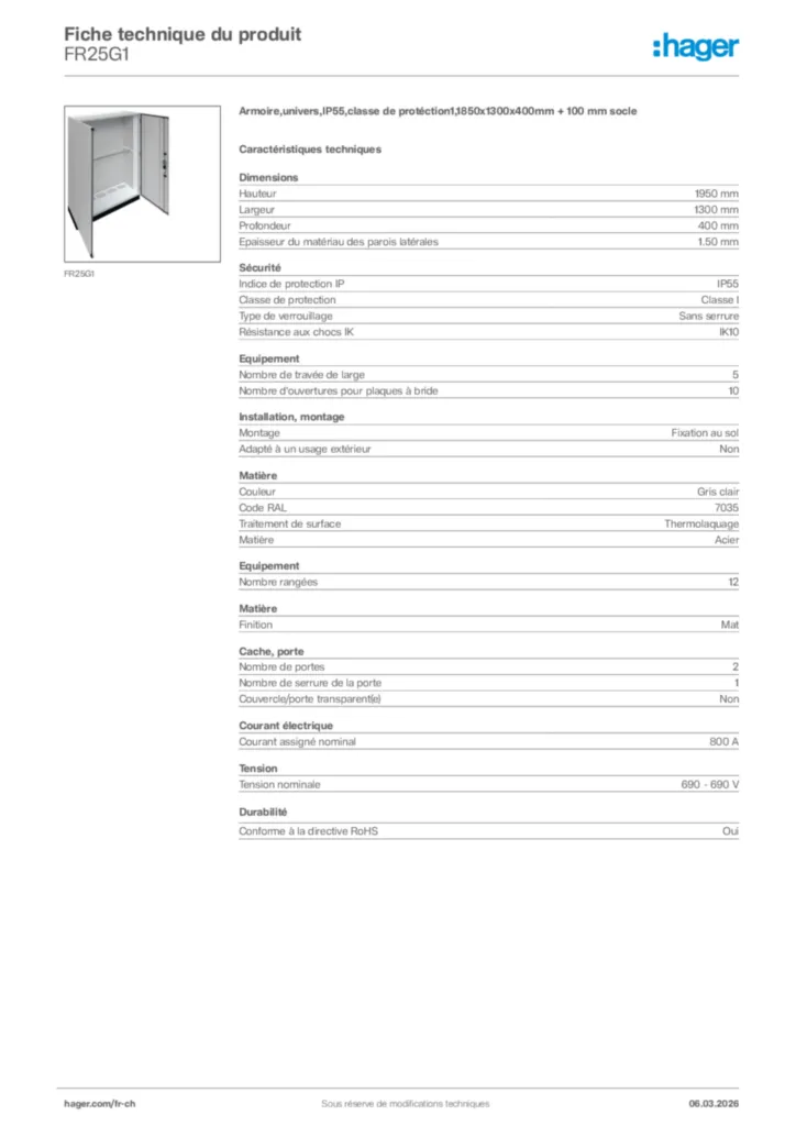 Image Hager Fiche technique du produit FR25G1 | Hager Suisse