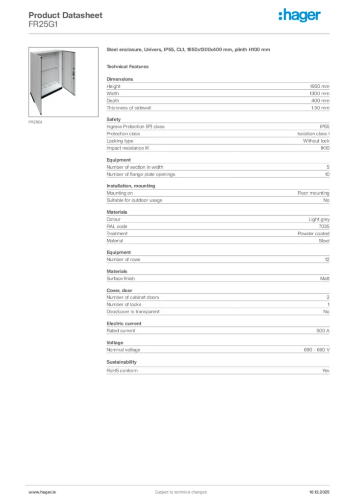 Image Hager Product data sheet FR25G1  | Hager