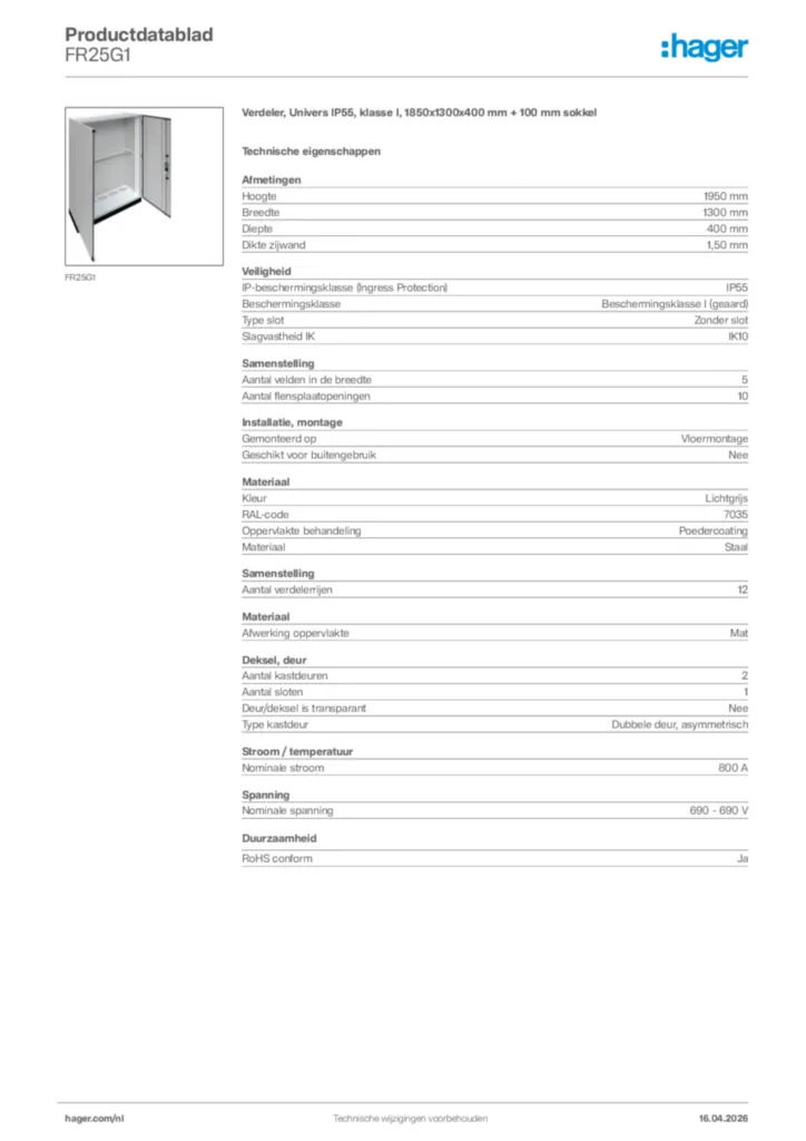 Afbeelding Hager Productdatablad FR25G1 | Hager Nederland