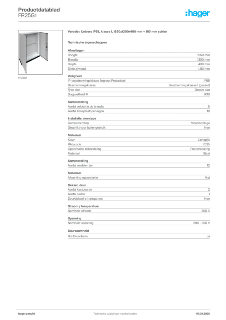 Afbeelding Hager Productdatablad FR25G1 | Hager Nederland