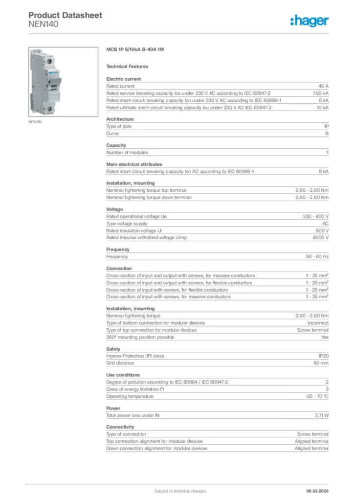 Image Hager Product data sheet NEN140  | Hager Africa