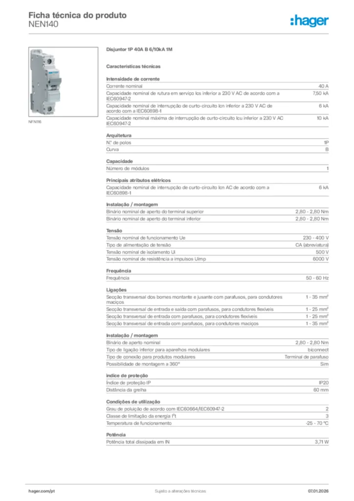 Imagem Hager Ficha técnica do produto NEN140 | Hager Portugal