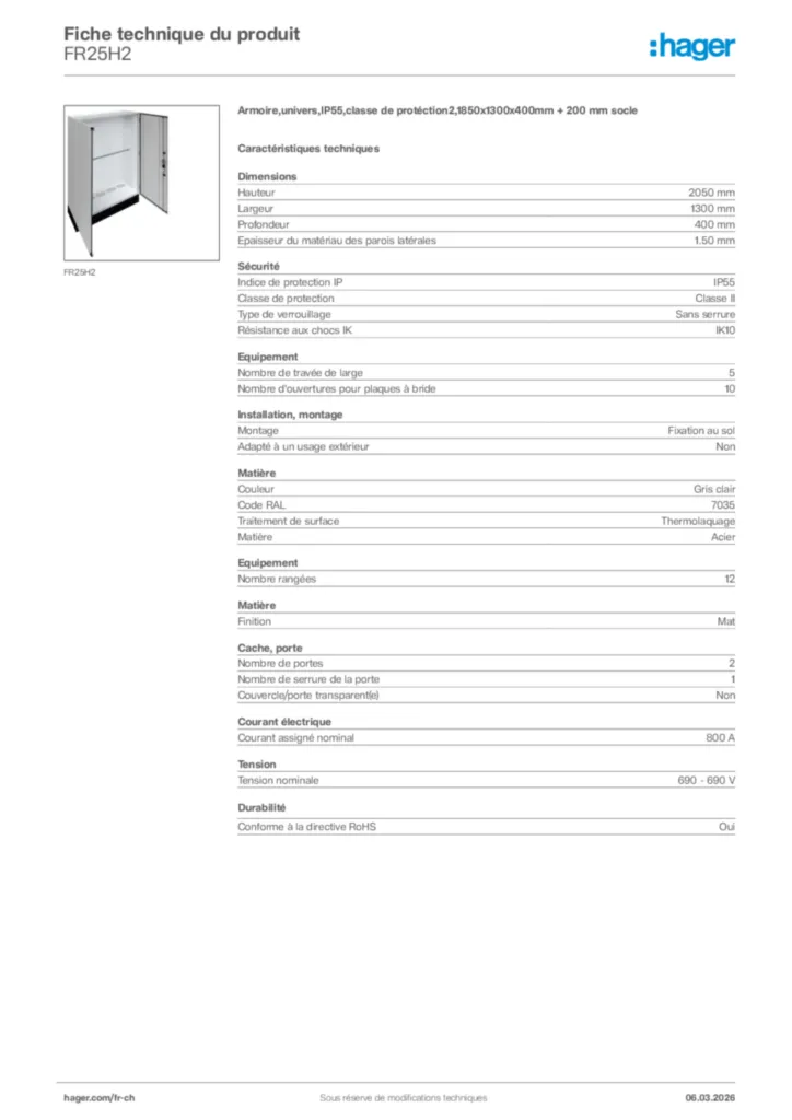 Image Hager Fiche technique du produit FR25H2 | Hager Suisse
