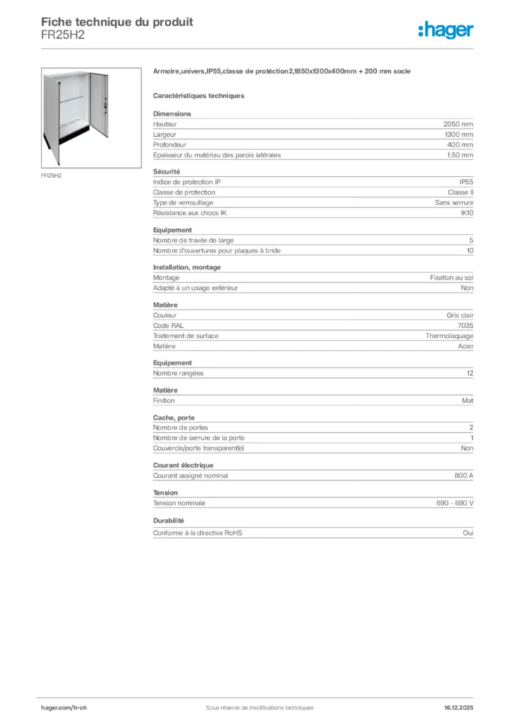 Image Hager Fiche technique du produit FR25H2 | Hager Suisse