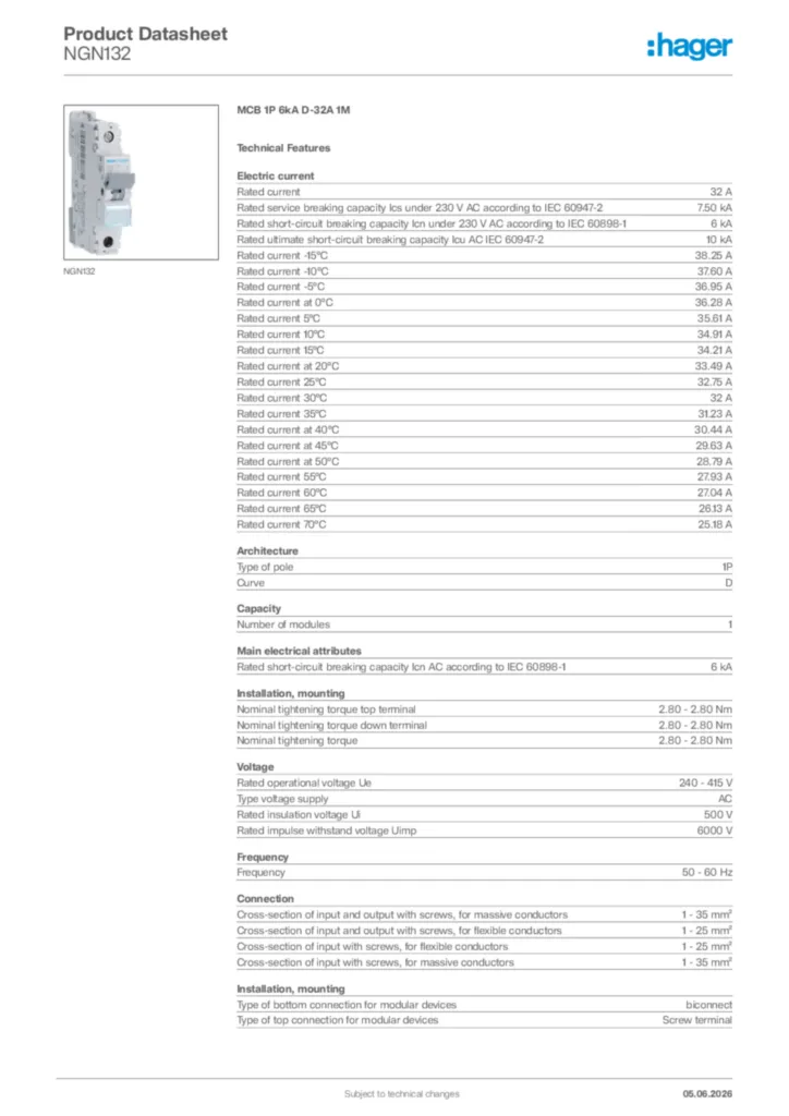 Image Hager Product data sheet NGN132  | Hager Africa