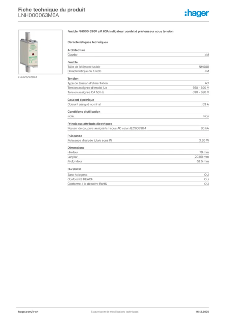 Image Hager Fiche technique du produit LNH000063M6A | Hager Suisse