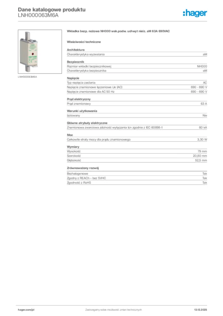 Zdjęcie Hager Karta katalogowa LNH000063M6A | Hager Polska