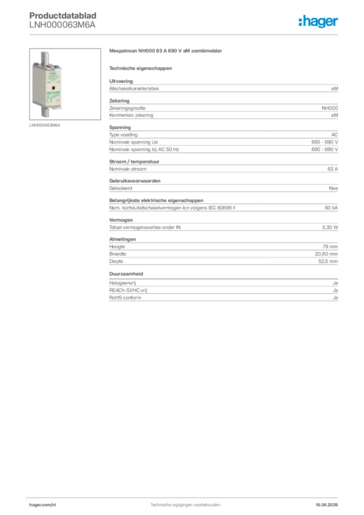 Afbeelding Hager Productdatablad LNH000063M6A | Hager Nederland