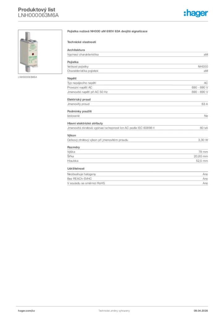 Obrázek Hager Product data sheet LNH000063M6A | Hager