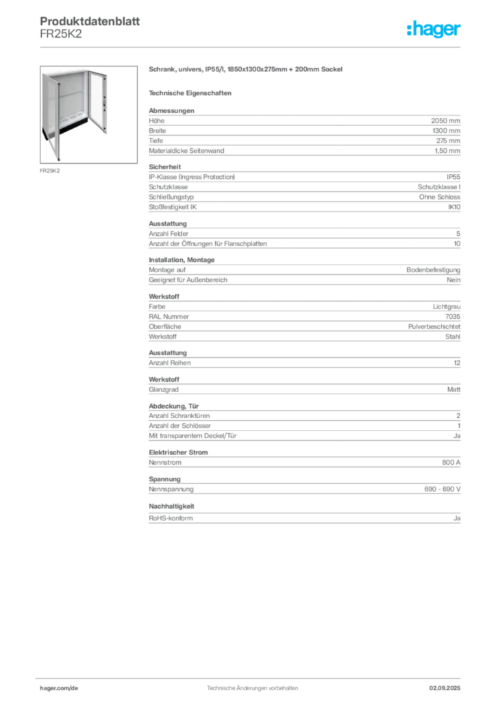 Hager Produktdatenblatt FR25K2
