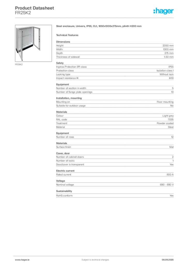 Image Hager Product data sheet FR25K2  | Hager