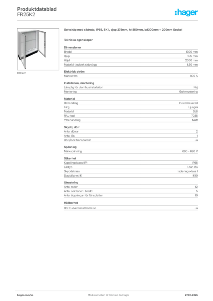 Bild Hager Produktdatablad FR25K2 | Hager Sverige