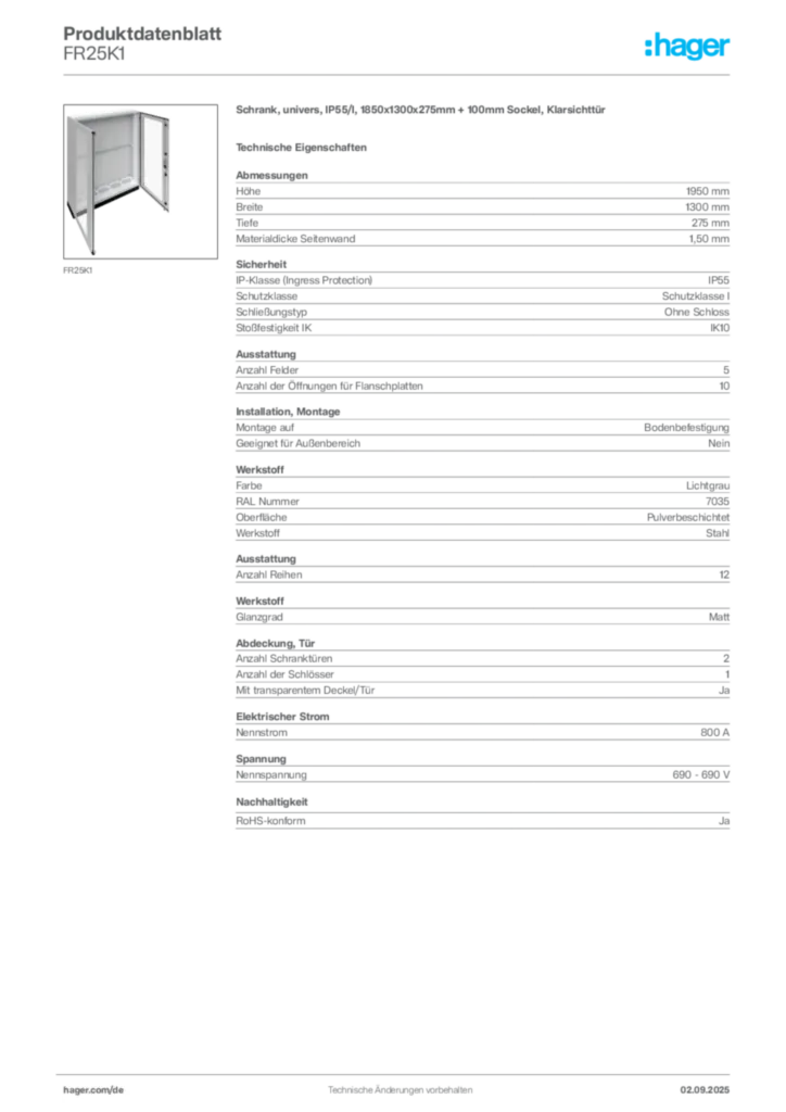 Hager Produktdatenblatt FR25K1