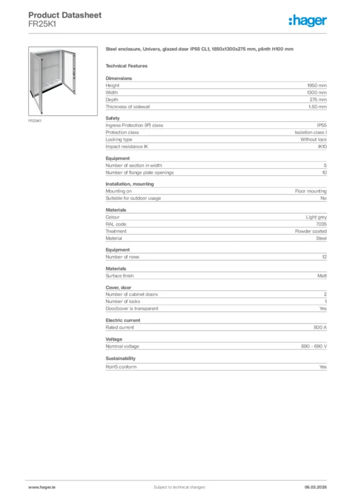 Image Hager Product data sheet FR25K1  | Hager