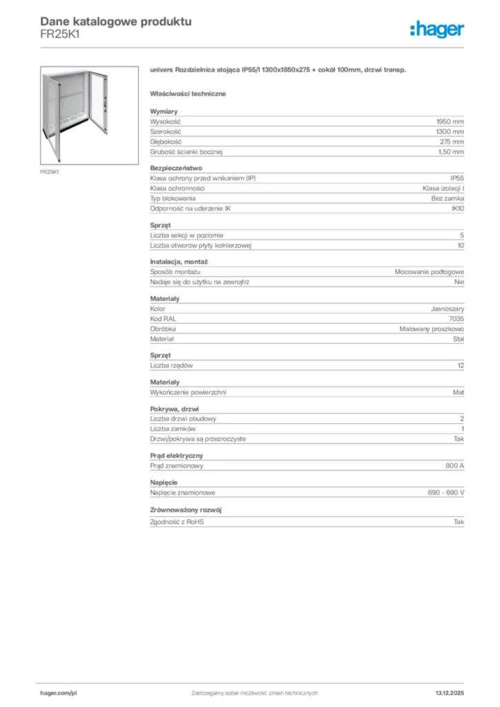 Zdjęcie Hager Karta katalogowa FR25K1 | Hager Polska