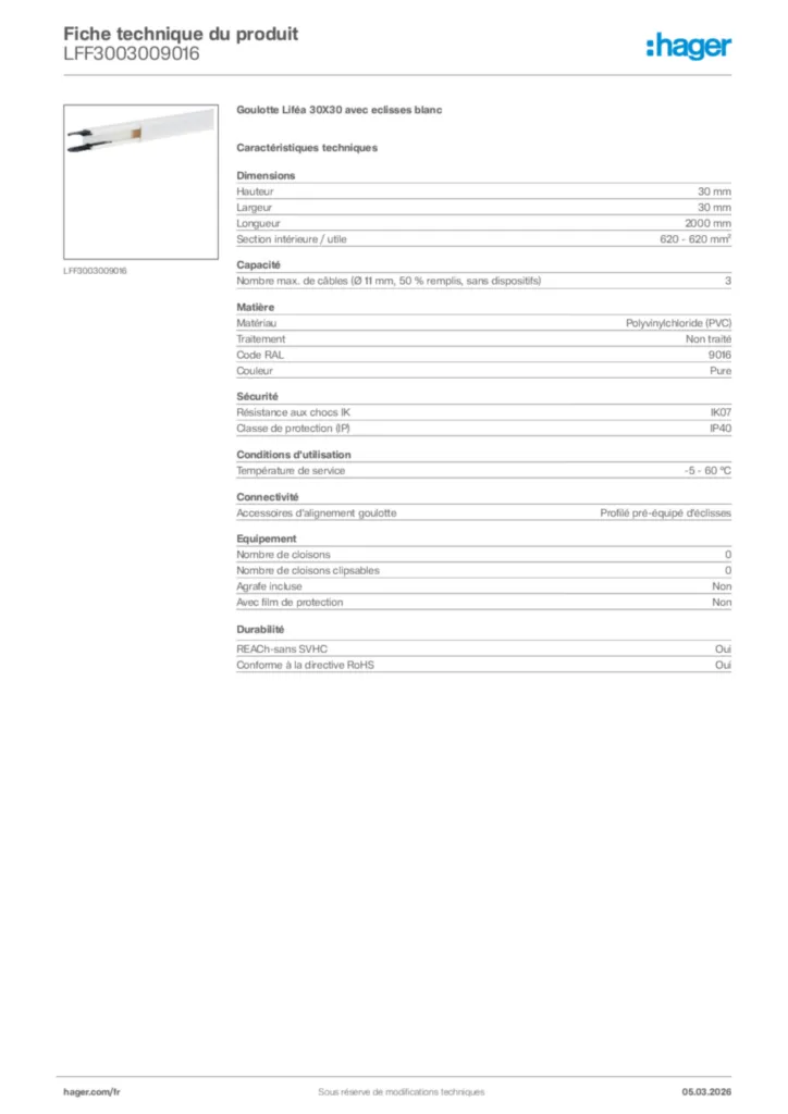 Image Hager Fiche technique du produit LFF3003009016 | Hager France